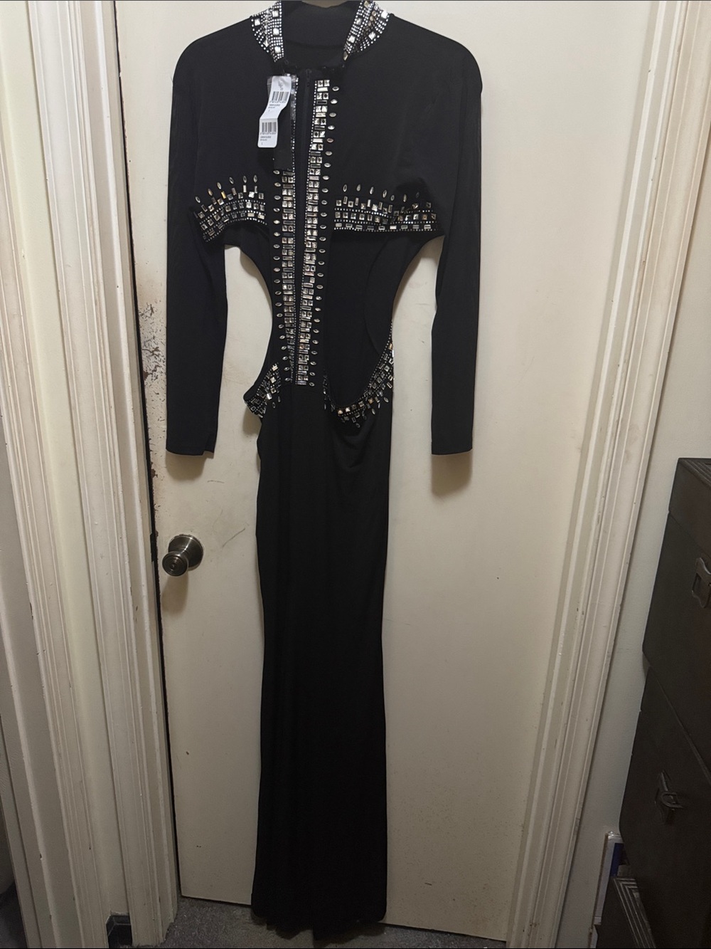 Black Long-Sleeve Cutout Evening Gown with Embellished Trim